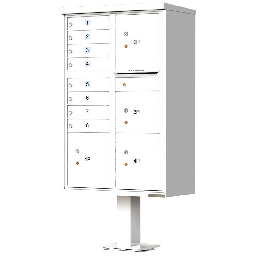 8 Door with 4 Parcel Lockers Florence Vital 1570-8T6 Series USPS Approved (CBU) Cluster Mailboxes with Pedestal White