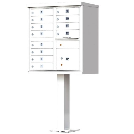 12 Door Florence Vital 1570-12 Series USPS Approved (CBU) Cluster Mailboxes with Pedestal White