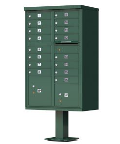 16 Door Florence Vital 1570-16 Series USPS Approved (CBU) Cluster Mailboxes with Pedestal Green