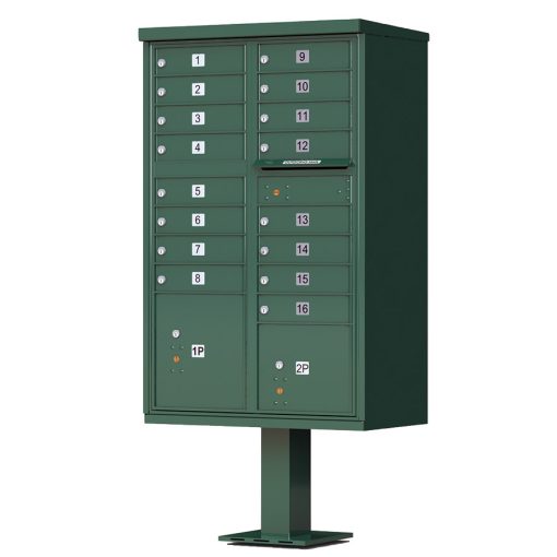 16 Door Florence Vital 1570-16 Series USPS Approved (CBU) Cluster Mailboxes with Pedestal Green